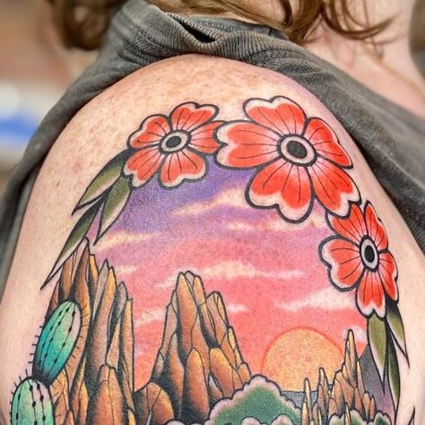 Katie McGowan on Instagram: "Thanks Christine for coming from Texas to get this Colorado landscape “Garden of the Gods” - i had a blast tattooing you today! 🌄🌵🌺🌼 @lovespelltattoo" Garden Of The Gods Tattoo, Garden Of The Gods Colorado Tattoo, Cactus Garden Tattoo, Garden Of The Gods Colorado, Garden Of The Gods Colorado Wedding, Garden Of The Gods Colorado Elopement, Colorado Landscape, God Tattoos, Tattoo You