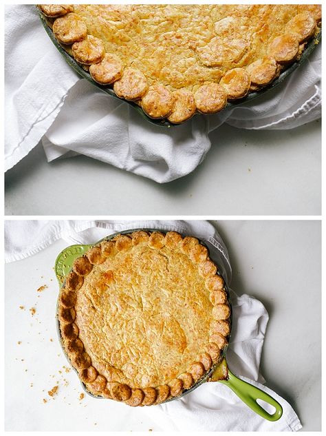 Cheddar Cornmeal Chicken Pot Pie Recipe by the Wood and Spoon Blog. This pot pie features a cheddar cornmeal crust, that bakes up almost cracker like. The filling is adapted from Ina Garten's famous recipe, and is butter goodness. The recipe can be made in a single pot, but I prefer to bake it in a cast iron skillet. You can even freeze the crust! Cornmeal Chicken, Cornmeal Crust, Individual Chicken Pot Pies, Pot Pie Filling, Cooking Pork Chops, Chicken Pot Pie Recipe, How To Cook Zucchini, Pot Pie Recipe, How To Cook Corn