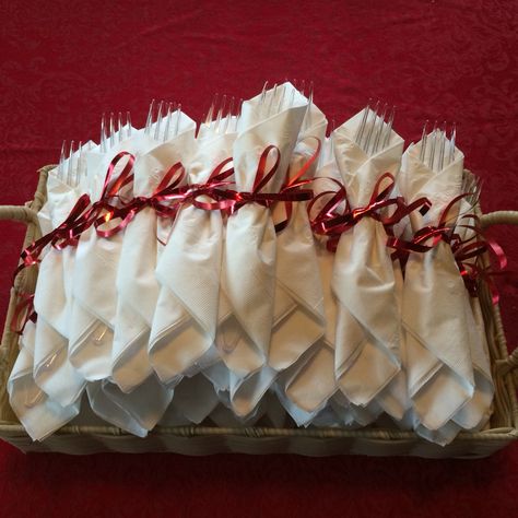 Forks wrapped with white napkins & tied with red ribbon Wrapping Cutlery In Paper Napkins, Cutlery Tied With Ribbon, Ribbon Tied Napkins, Wedding Cutlery Wrapped, Adjustable Red Bow For Party, Red Party Ideas, Red Party, Catering Ideas, White Napkins