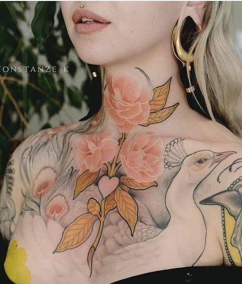 ❖ 𝕵𝖊𝖓 𝕿𝖔𝖓𝖎𝖈 ❖ (@jentonic) • Instagram photos and videos Flower Neck Tattoo, Peacock Tattoo, Throat Tattoo, White Ink Tattoo, Botanical Tattoo, Best Tattoo Designs, Dream Tattoos, White Tattoo, Feminine Tattoos