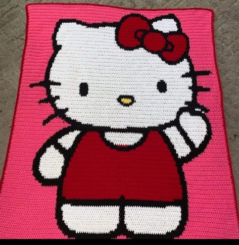 Handmade crochet blanket Hello Kitty Crochet Blanket, Crochet Hello Kitty, Hello Kitty Crochet, C2c Crochet, Crochet Items, Patterned Throw, Crocheted Item, Handmade Crochet, Crochet Projects