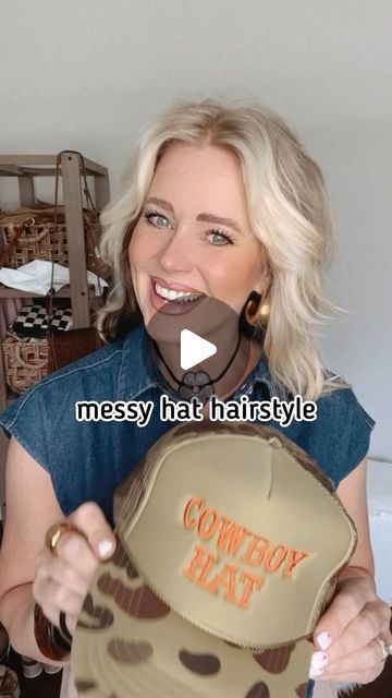 Messy Bun With Hat Tutorial, Short Hair Trucker Hat Hairstyles, Updos With Hats, How To Wear A Trucker Hat Women, Short Hair With Hat Baseball, Hairstyles For Cowboy Hats, Baseball Hat Hairstyles Medium, Hair Styles With A Hat, Short Hair Baseball Cap Style