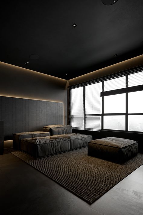 Black Interior House, Japan Interior Design, Basement Inspiration, Dark Living Rooms, Ventilation Design, Black Interior Design, Dark Home, Black Room, Home Decor Quotes