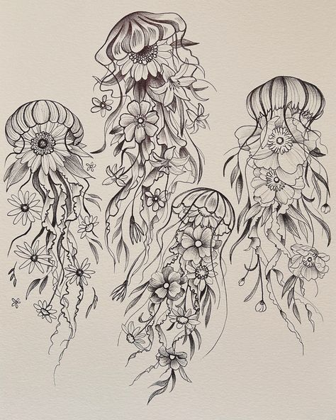 Pretty things and potential plans 💖🌸💝 #tattooideas #jellyfishtattoo #jellyfish #jellyfishart #jellyfishdrawing #tattoodrawing #illustrationtattoo Jellyfish Tattoo Flowers, Jelly Fish Floral Tattoo, Jellyfish And Flower Tattoo, Flower Jellyfish Tattoo, Jelly Fish Tattoo Color, Jellyfish Outline Tattoo, Jellyfish With Flowers Tattoo, Jelly Fish Drawing Sketches, Floral Jellyfish Tattoo