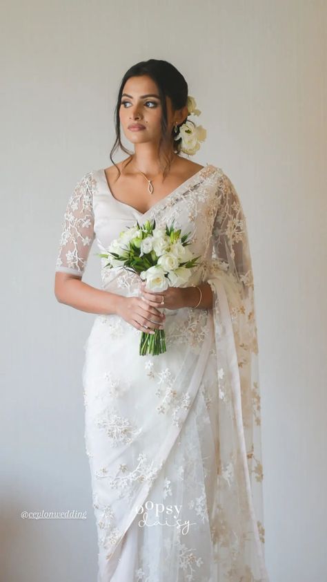 Wedding Saree Christian Brides, Christian Wedding Sarees For Bride, Buddhist Bride In White Saree, Christian Bridal Look, Buddhist Bride, Christian Gown, Christian Wedding Saree, White Wedding Saree, White Indian Wedding Dress