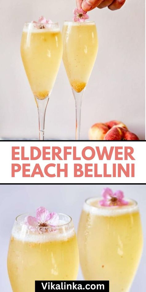 Deliciously refreshing and light this Elderflower Peach Bellini is a perfect summer treat! Olive Garden Peach Bellini Recipe, Peach Bellini Recipe Easy, Non Alcoholic Bellini, Virgin Peach Bellini Recipe, Peach Bellini Mocktail, Peach Bellini Cocktail, Frozen Peach Bellini, Bellini Cocktail, Elderflower Cordial