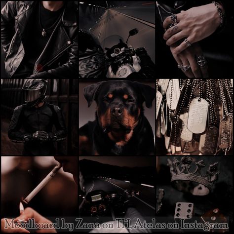 Biker Moodboard, Moodboard Animals, Dog Moodboard, Animal Mood Board, Black Moodboard, Animal Moodboard, Halloween Moodboard, Character Moodboard, Roleplay Ideas