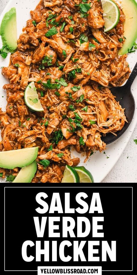 Salsa Verde Chicken uses just a few ingredients to make a flavorful pulled chicken that's perfect for topping rice bowls or stuffing in tacos. Pulled Chicken Bowl, Salsa Verde Crockpot Chicken, Green Salsa Chicken, Chicken Salsa Verde, Salsa Verde Chicken Tacos, Salsa Verde Chicken Crockpot, Greek Yogurt Marinated Chicken, Pulled Chicken Tacos, Crispy Baked Chicken Thighs