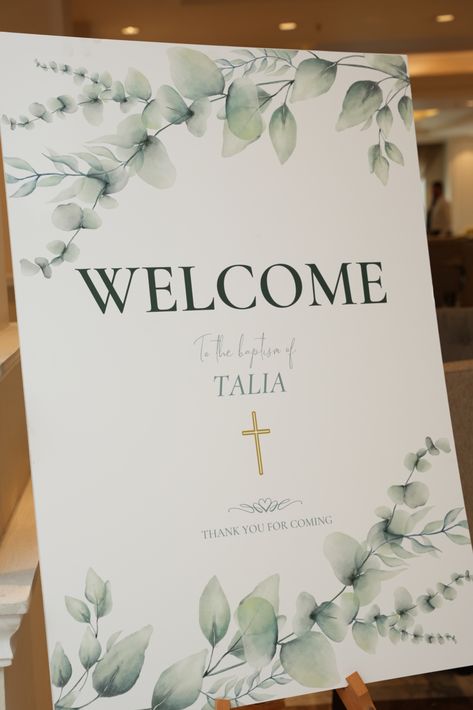 Modern baptism welcome sign Sage Green Baptism Decor, Olive Decor, Baptism Welcome Sign, Baptism Decor, Baby Baptism, Easels, Boy Baptism, Baby Christening, White Decor