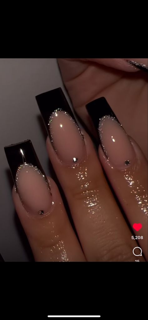 Nails Inspiration Black And Silver, Black Nail Inspiration Acrylic, Nails Black Glitter Silver, Short Black Acrylic Nails With Rhinestones, Black French Top With Gems, Black Nail Prom, Black Nails For Prom Glitter, Basic Black Nail Designs, Black Nail Designs Glitter