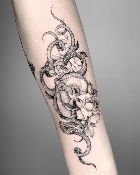 Octopus Tattoos Small Simple, Elbow Octopus Tattoo, Octopus Shin Tattoo, Womens Octopus Tattoo, Octopus Tattoo Design For Women, Flower Octopus Tattoo, Unique Octopus Tattoo, Octopus Line Art Tattoo, Octopus Arm Tattoos For Women