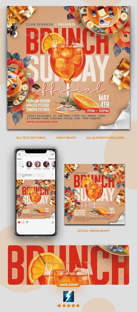 Brunch Flyer - Clubs & Parties Events Day Party Flyer Design, Event Flyers Design, Food Event Poster Design, Brunch Flyer Design, Brunch Menu Design, Brunch Poster, Brunch Flyer, Hotel Poster, Events Flyer