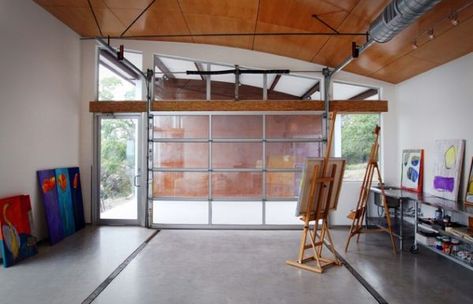 Garage as Art Studio: How To Convert A Garage Into A Living Space. The glass #garagedoor lets in tons of natural light. Garage Art Studio, Home Studio Design, Converted Garage, Garage Renovation, Garage Studio, Glass Garage Door, Art Studio Design, Garage Remodel, Art Studio At Home