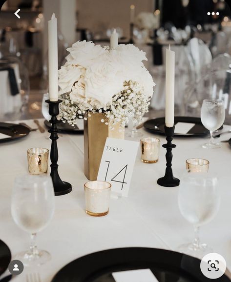 Black And White Minimalist Wedding Centerpieces, Black And Champagne Centerpieces, Simple Black And White Table Decor, Black And White Bride And Groom Table, Black Tie Centerpieces, White And Black Wedding Reception, Gold White Black Wedding, Black And White Wedding Table Decor, Minimal Wedding Centerpieces