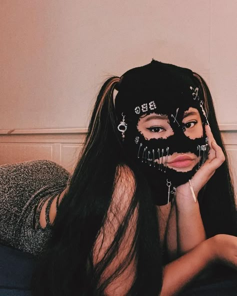 Fun Model Poses, Black Ski Mask, Mask Photoshoot, Masked Girl, Marshmello Wallpapers, Face Gear, Face Mask Aesthetic, Rave Babe, Mask Aesthetic