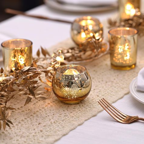 These elegant bowl-shaped gold votive candle holders are perfectly sized for regular tea light candles.With a height and diameter of 2 inches each, they are perfect for any celebration. Candle Dinner Table, Gold Votives, Gold Votive Candle Holders, Gold Votive Candles, Mercury Glass Candle Holders, Mercury Glass Votives, Glass Votive Candle Holders, Gold Vases, Tea Candles