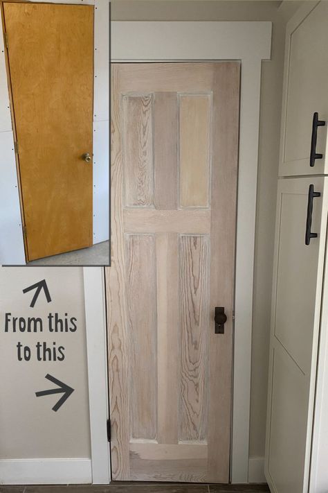 A picture of the before and after of the old door and then the refinished salvaged door that we found to replace it. The image also contains the words "from this to this" referring to the before and after images. White Wash Doors Interior, Diy Antique Door, Refinish Door, Antique White Stain, Distressed Doors, Salvaged Door, White Cupboard, Door Ways, Flat Kitchen