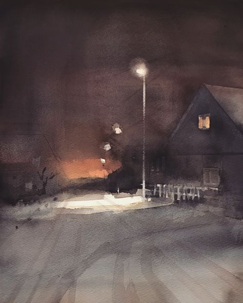 Night Scenery Watercolor Painting, Watercolor Dark Art, Night Watercolor Paintings, Dark Watercolor Paintings, Dark Watercolor Art Inspiration, Eerie Watercolor, Watercolor Winter Scenes, Watercolor Skin Tones, Moody Watercolor