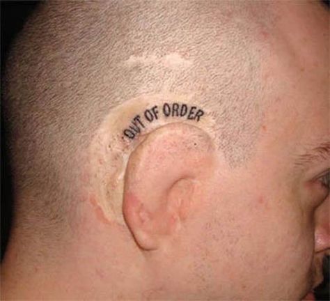 This guy clearly has a good sense of humor. #InkedMagazine #goodhumor #ear #tattoo #outoforder #Ink Side Of Ear Tattoo, Stretch Mark Tattoo, Behind Ear Tattoos, Unusual Tattoo, Tattoos To Cover Scars, Bone Tattoo, Ear Tattoos, Bone Tattoos, Design Café