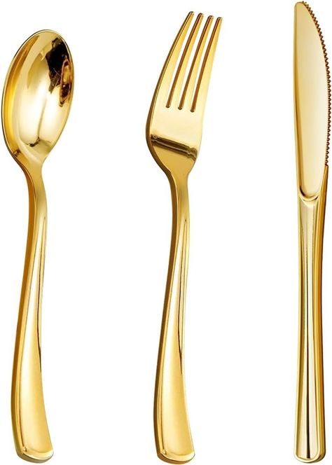 Amazon.com: 300PCS Gold Plastic Silverware, Heavy Duty Gold Silverware Disposable, Plastic Gold Dinnerware Set of 100 Gold Forks, 100 Gold Spoons, 100 Gold Knives for Weddings, Parties Plastic Utensils : Health & Household Gold Utensils, Gold Plastic Silverware, Gold Fork, Plastic Dinnerware Sets, Gold Silverware, Gold Cutlery Set, Plastic Silverware, Gold Spoon, Gold Dinnerware