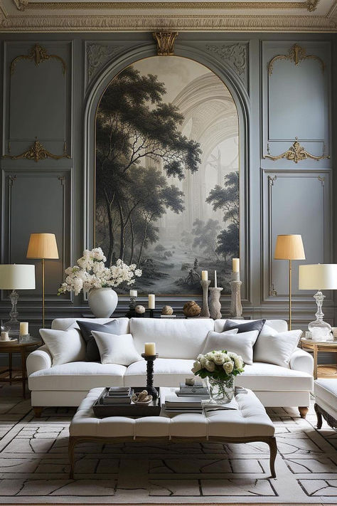 This stunning french country living room pairs a subtle white sofa and tufted ottoman with an amazing backdrop of gilded wall panels and a gorgeous mural. Decorative touches such as candlesticks and floral arrangements finish the look. #frenchcountry, #livingroom, #sofa, #coffeetable, #ottoman, #candleholder Arched Mirrors, French Country Living, Spicy Thai, French Country Living Room, Open Concept Living Room, Open Living Room, Design Apartment, Country Living Room, Elegant Living Room