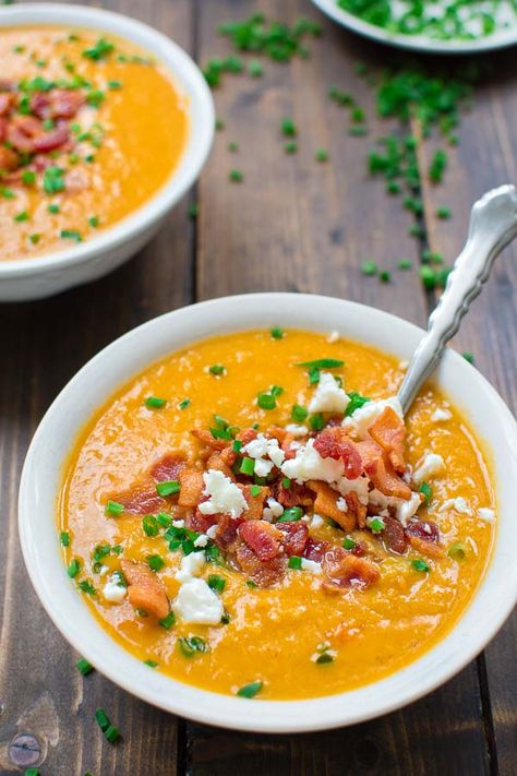 This healthy and tasty Red Lentil Soup with Bacon is vibrantly colorful and aromatic. It is going to keep you warm during the cold weather. ❤ COOKTORIA.COM Lentil Soup With Bacon, Lentil And Bacon Soup, Low Calories Food, Dinner Instant Pot, Bean Soups, Soup With Bacon, Creamy Soup Recipes, Soup Recipes Healthy, Bacon Soup