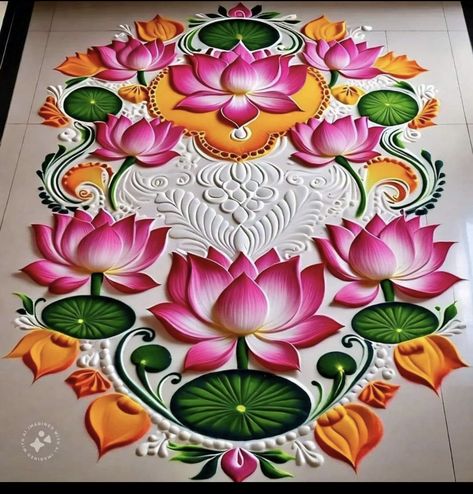 Round Rangoli Designs Latest Unique, Color Rangoli, Onam Pookalam, Puja Decoration, Flower Garland Diy, Rangoli Designs For Competition, Balloon Arch Diy, Rangoli Diwali, Lotus Rangoli