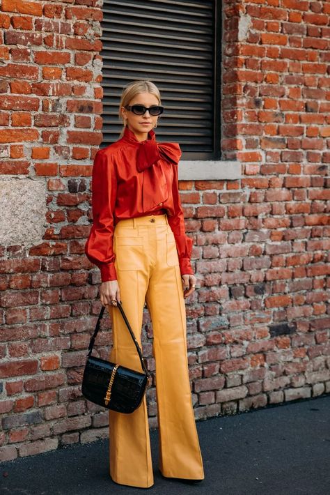 Red Blouse Outfit, Red Top Outfit, Caroline Daur, Fashion Milan, 2020 Street Style, Milan Fashion Week Street Style, Milan Street Style, Yellow Pants, Red Blouse