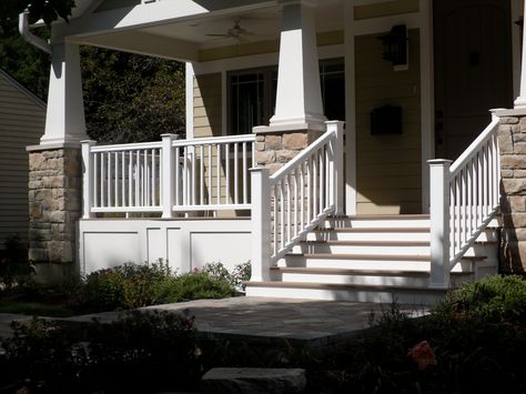 Backyard Images porch with TimberTech Radiance Rails (Coastal White), Sand Ridge decking with white trimmed skirting. Underpinning Ideas Porch, Front Porch On Ranch Style House, Porch Underpinning, Porch Skirting, Deck Skirting Ideas, Skirting Ideas, Deck Skirting, Porch Wood, Deck Pictures