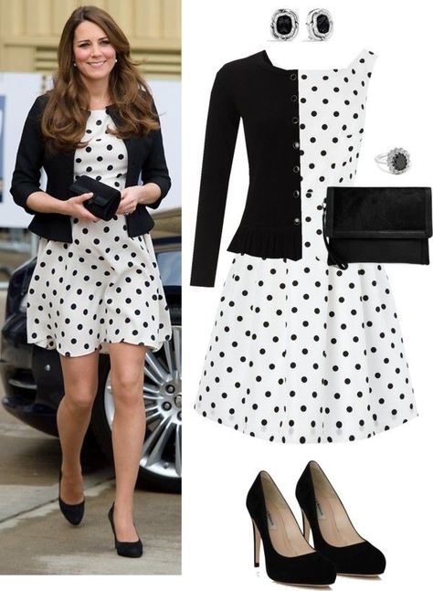 "Kate Middleton" by maiahamstra on Polyvore: Ducesa Kate, 1970s Summer, Polka Dot Dresses, Düşes Kate, Looks Kate Middleton, Fashion 1970s, Middleton Style, Chique Outfits, White Polka Dot Dress