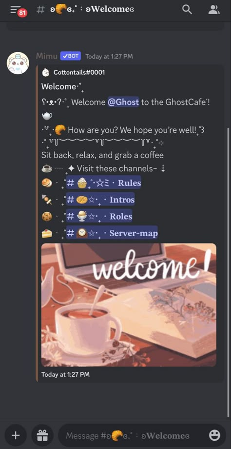 #discord #discordideas #ideas #welcome Discord Reaction Roles Ideas, Mimu Shop Ideas Discord, Discord Leave Message, Cute Discord About Me Ideas, Discord Server Description Ideas, Discord Event Ideas, Discord Verify Message Ideas, Discord Server Welcome Message Ideas, Discord Welcome Message Template