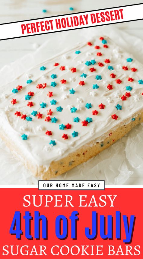 Whip up this showstopper of a recipe for the best frosted sugar cookie bars! These easy holiday treats are perfect for your 4th of July party, or any festive occasion. With a scrumptious soft sugar cookie base and a frosting to die for, these bars are sure to be a hit! Blue Treats, Soft Frosted Sugar Cookies, Soft Sugar Cookie, Easy Holiday Treats, 3 Ingredient Desserts, Cookie Base, Sugar Cookie Bars, Soft Sugar, Party Appetizers Easy