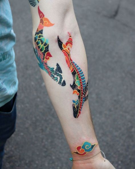 Traditional Color Tattoo, Korea Tattoo, Korean Aesthetics, Korean Tattoo, Tropical Tattoo, Korean Tattoo Artist, La Tattoo, Korean Tattoos, Chinese Tattoo