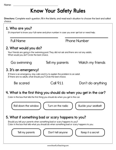 Know Your Safety Rules Worksheet Safety Curriculum For Preschool, Summer Life Skills For Kids, Community Safety Activities, Safety Awareness Activities, Personal Safety Activities For Kids, Safety At Home For Kids Worksheets, Safety Rules Worksheet, Safety Worksheets For Preschool, Safety Worksheets For Kids