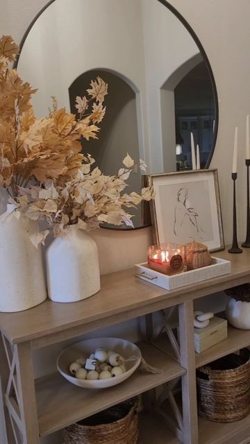 Fall Decor Round Mirror, Entryway Table Fall Decor Ideas, Entry Table Decor Fall, Fall Decor For Console Table, Fall Mirror Decor, Entryway Table Fall Decor, Fall Home Decor Minimalist, Fall Decor For Entryway Table, Fall Tv Console Decor