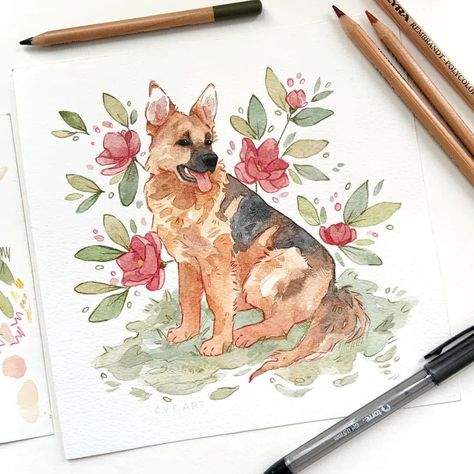 German Shepherd Painting, Dog Portraits Illustration, Sentimental Art, German Shepherd Art, Watercolor Paintings Of Animals, Animal Portraits Art, Whimsical Paintings, Canine Art, Some Day