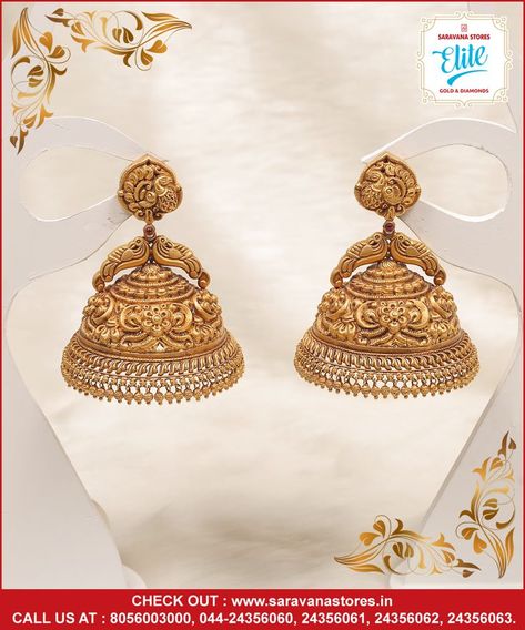 Gold Jumki Designs Earrings, Gold Buttalu, Big Earrings Gold, Indian Gold Necklace Designs, Indian Gold Necklace, Jhumka Designs, Antique Gold Earrings, Gold Jhumka, Bridal Necklace Designs