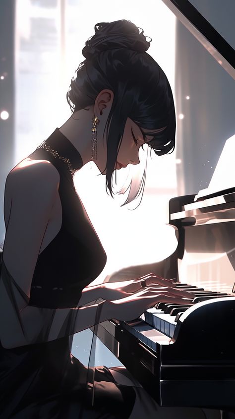 Art Ideas Anime, Kitchen Net, Girl Playing Piano, Piano Girl, Curly Hair Style, Black Piano, Playing Piano, Girly Art Illustrations, Digital Art Anime