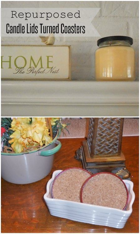 Repurposed Candle Lids Turned Coasters-DIY Inspired Repurpose Candle Jars, Candle Lids, Candle Repurpose, Candle Jar Lids, Candle Upcycle, Coasters Diy, Hand Dipped Candles, Candle Dipping, Candle Lid