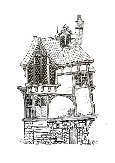 Tudor House Drawing, Sketching Buildings, Wonky Houses, Fairytale Village, Micron Pens, House Illustration, Art Painting Gallery, Witch House, House Drawing