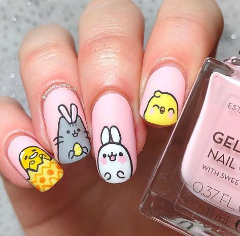 💅🏻 Here's some eggcellent nail inspiration for the upcoming Easter holiday! 🐰🐣 These kawaii characters Gudetama, Pusheen, Molang, and Piu… Easy Easter Nail Designs, Gel Easter Nails, Simple Easter Nails, Easter Nail Art Ideas, Cute Easter Nails, Easter Nails Design, Easter Nails Easy, Nails Vibrant, Easter Nail Art Designs