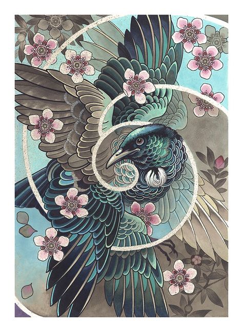 https://www.printcult.com/products/prints/ds-tui-with-manuka-flowers Tattoo Japonais, Japanese Tattoo Designs, Japanese Tattoo Art, Arte Inspo, Bird Drawings, Japanese Tattoo, Chinese Art, 그림 그리기, Bird Art