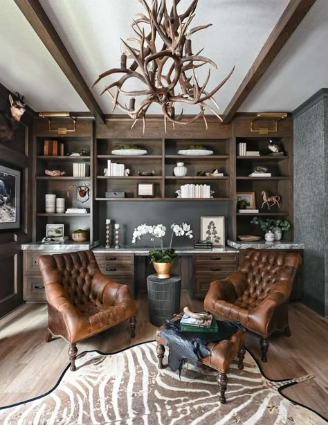 Western Office Ideas For Men, Home Office And Bar Combo, Modern Mountain Home Office, Bourbon Room Office, Speak Easy Office, Rustic Office Decor Ideas, Office Chandelier Ideas, Outdoorsman Office, Rustic Office Ideas