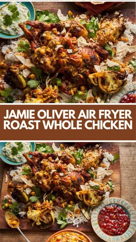 Jamie Oliver’s Air Fryer Roast Chicken is made with whole chicken, cauliflower, curry paste, chickpeas, basmati rice, and fresh herbs. This easy Air Fryer Roast Chicken recipe creates a tasty and healthy dinner that takes about 50 minutes to cook and serves 4-6 people. Jamie Oliver Air Fryer Recipes, Air Fryer Roast Chicken, Air Fryer Whole Chicken Recipe, Roast Whole Chicken, Air Fryer Whole Chicken, Air Fryer Roast, Whole Chicken Recipe, Crispy Cauliflower, Roast Chicken Recipe