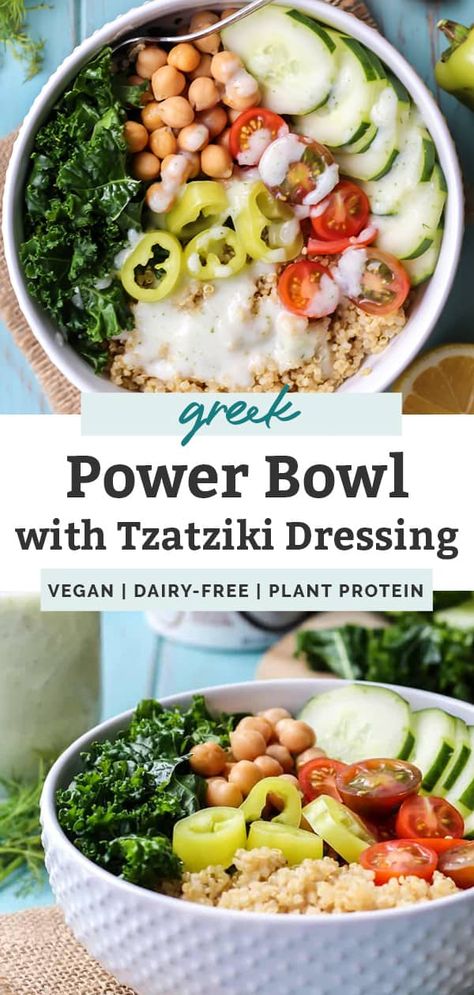 This easy Greek Power Bowl recipe is the perfect vegetarian dish for easy lunches and dinners. It’s so delish and super healthy and satisfying thanks to plant protein. Don’t forget the simple vegan tzatziki sauce you must add to this vegan power bowl. Make this recipe in advance to meal prep for the week ahead! #greekpowerbowl #dairyfree #vegan #plantprotein #tzatziki #protein #healthymeals #healthylunch #healthymealprep #mealprep Greek Veggie Bowl, Tzatziki Bowl Vegetarian, Greek Vegan Bowl, Healthy Greek Meals, Vegan Gyro Bowl, Greek Protein Bowl, Power Bowl Sauces, Vegan Light Meals, Tziki Sauce