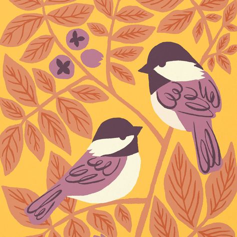 Brighten your space with this cheerful songbird art print featuring sweet chickadees perched in the leaves of a hickory tree. Chickadee Illustration, Bird Illustration Design, Folk Botanical, Carolina Chickadee, Forest Animals Illustration, Chickadee Art, Grass Illustration, Hickory Tree, Snow Illustration