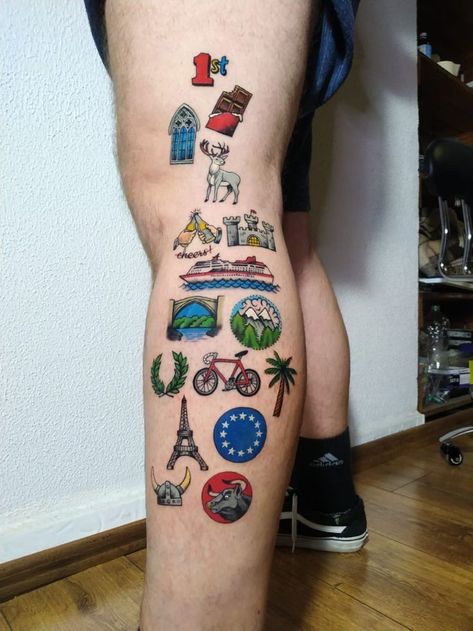 Unique & Cute Travel Tattoo Ideas For Women | Trendy Wanderlust Tattoos Inspo Tattoos Of Countries Visited, Travel Leg Tattoo, Travel Inspired Tattoos, Watercolor Bike, Wanderlust Tattoos, Travel Tattoo Ideas, Stingray Tattoo, Adventure Tattoo, Heart Watercolor