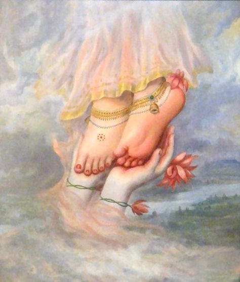 Radharanis Lotusfeet.      My only shelter is Sri Radhika's lotus feet which I yearn to worship with love and devotion. These lotus feet of Srimati Radhika are painted by Krsna's soft fingers with a feather dipped in the most fragrant red-colored juice. The gopis follow Krsna's example and worship the same feet for the happiness of all living entities. These feet are glorified in the Upanisads, and are found in the depth of the hearts of pure devotees. Arte Yoga, Radha Krishna Wallpaper, Vedic Art, Shiva Shakti, Lord Krishna Wallpapers, Krishna Radha Painting, Radha Krishna Images, Radha Krishna Pictures, Radha Krishna Love