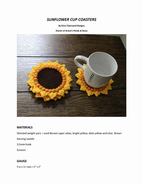 SUNFLOWER CUP COASTERS Cup Holder Crochet, Sunflower Cup, Cup Coasters, Crochet Sunflower, Cup Coaster, Crochet Coasters, Pot Holder, Jack Skellington, Pot Holders