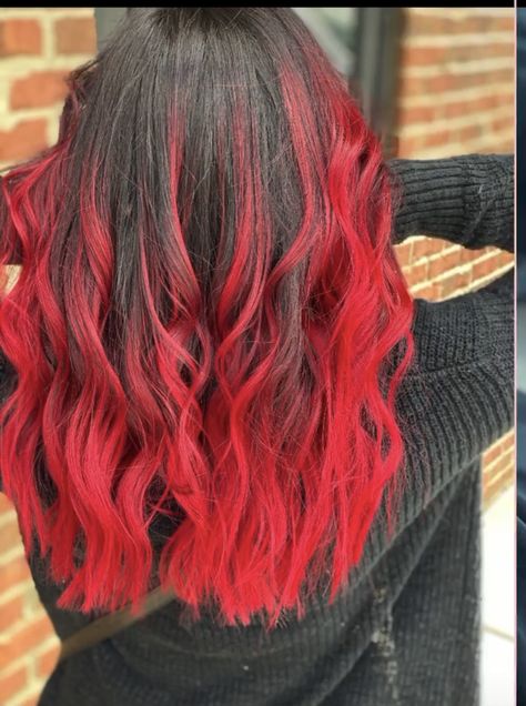 Fire Red Balayage Hair, Red Hair With A Shadow Root, Bright Red Balayage Hair Brunettes, Brown Hair With Bright Red Highlights, Red Color Melt Hair, Bright Red Highlights In Brown Hair, Bright Red Balayage Hair, Fire Red Hair Color, Vibrant Red Highlights